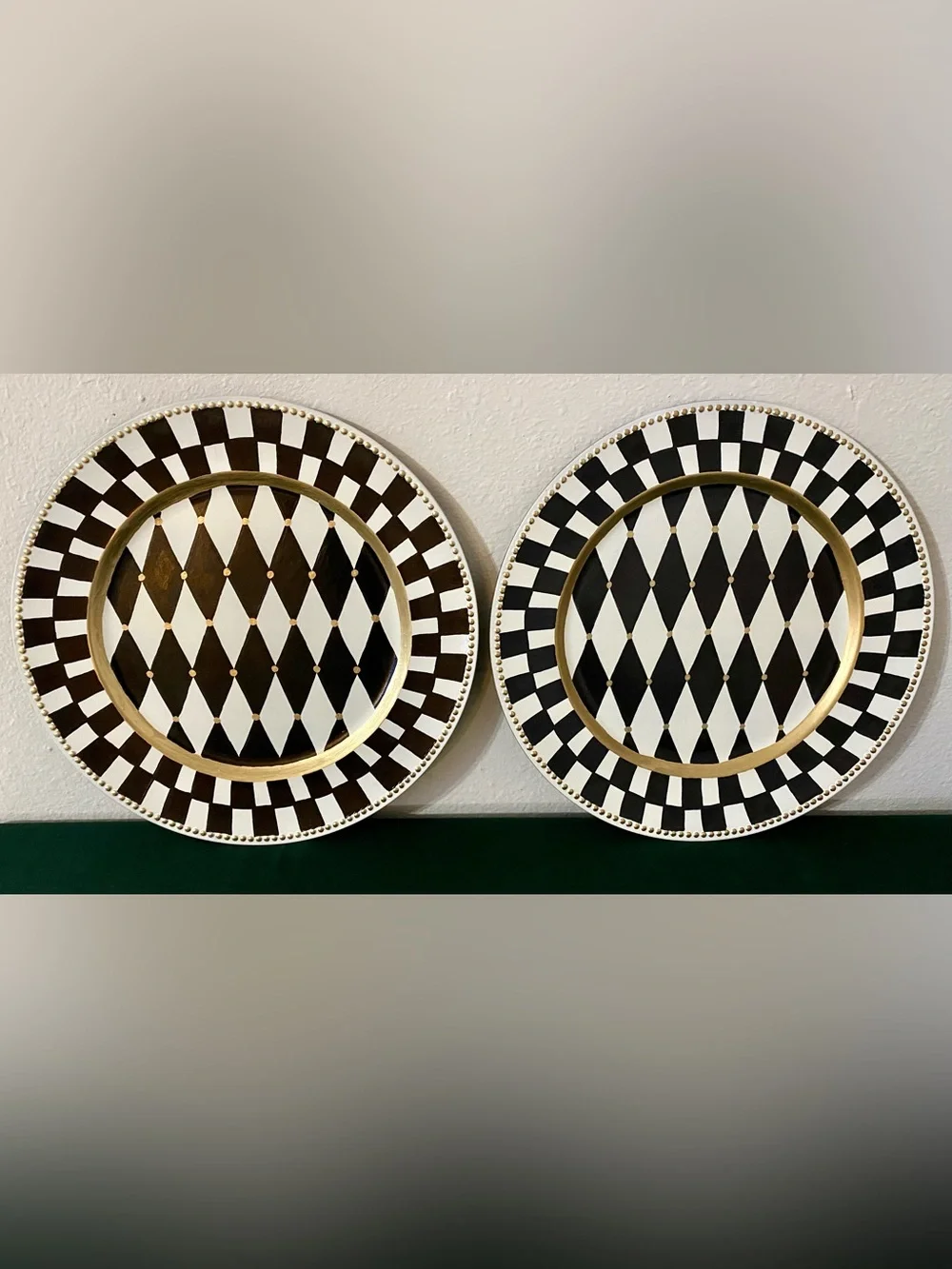 Set of twoMacKenzie Childs inspired Black and White Harlequin chargers